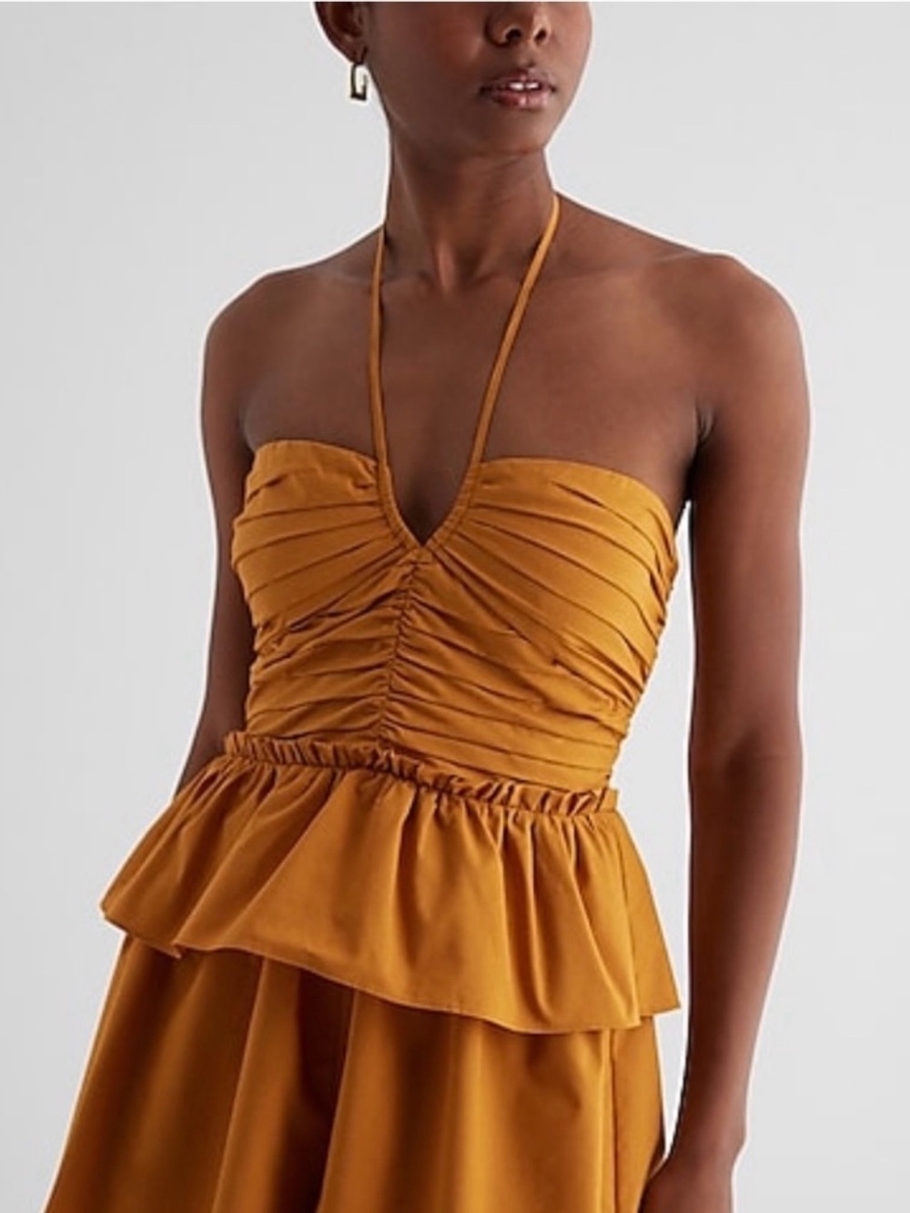 Express Mustard Ruched Halter Peplum Jumpsuit